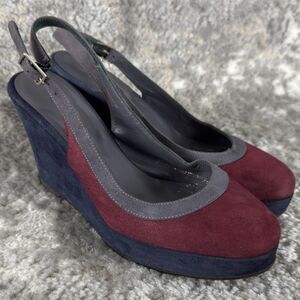 Boden Sz 36 (6) Suede Jewel-Tone Colorblock Slingback Wedge Heels Navy/Red
